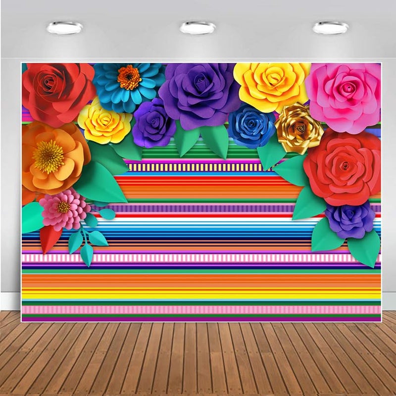 CHAIYA Mexican Theme Party Striped Backdrop Fiesta Cinco De Mayo Paper Flowers Background Party Decoration for Cake Table Decor Photo Booth 7X5FT - Image 1